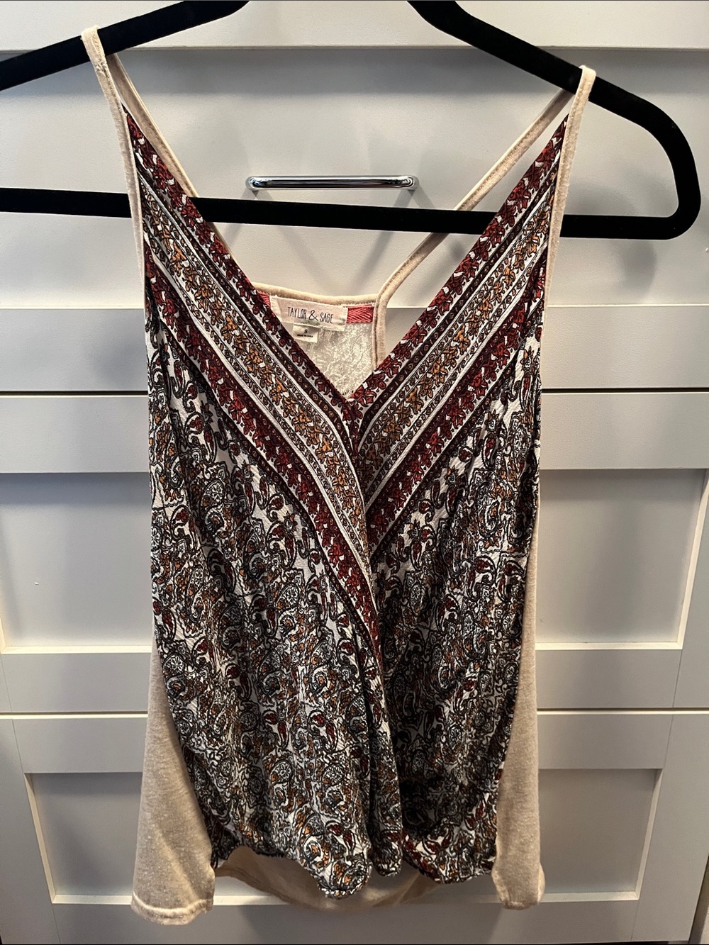 Taylor and Sage Paisley V-Neck Tank Top - Cream and Burgundy sz sm